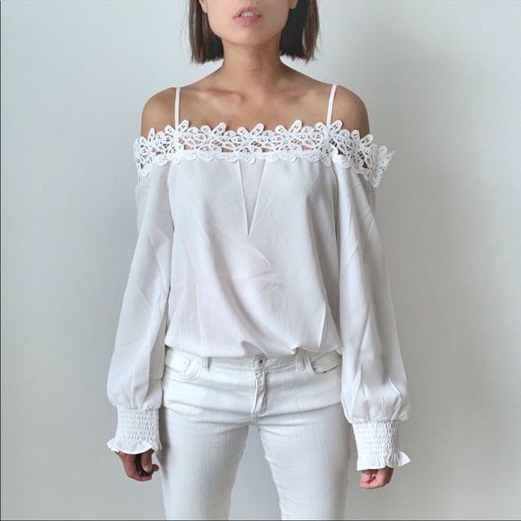 White Crocheted Off Shoulder Blouse Top - Picture 6 of 7